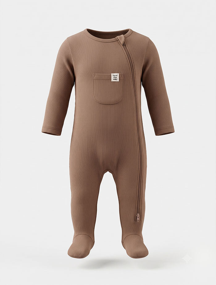 Brown ribbed 2 way zipper sleep suit