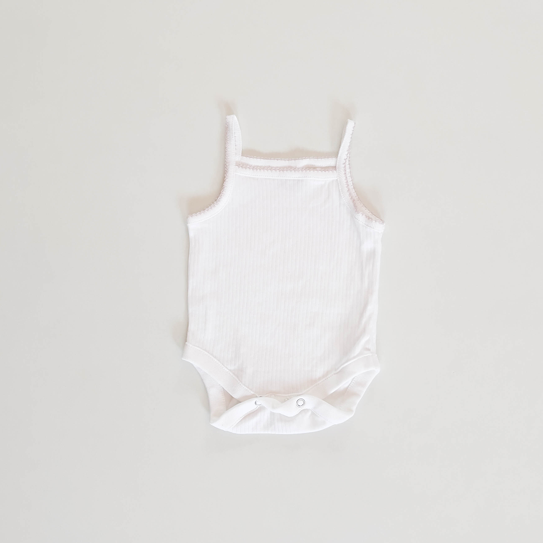 WHITE RIBBED SPAGHETTI STRAP ONESIE