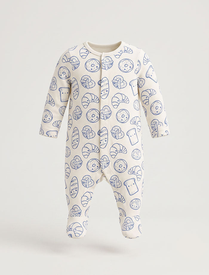 White and blue printed button sleepsuit