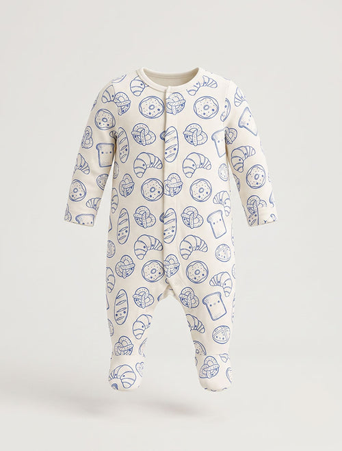 White and blue printed button sleepsuit