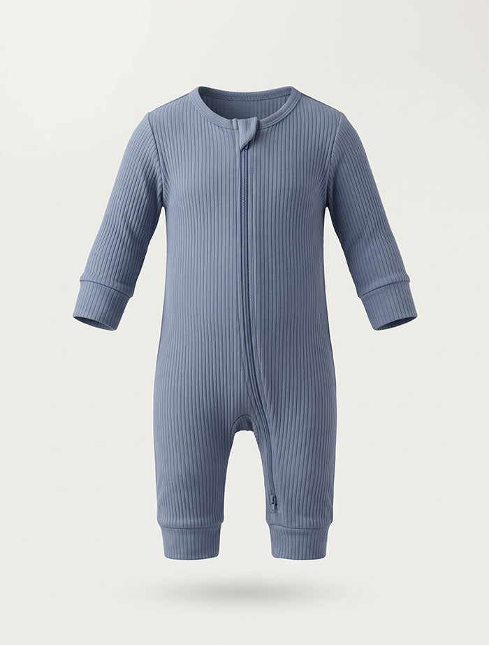 Blue ribbed 2 way zipper ribbed romper