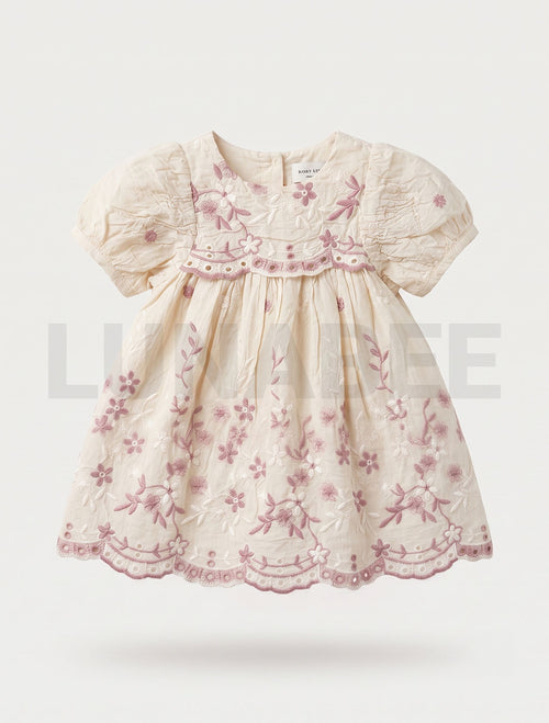 Pink floral embroidered puff sleeve dress