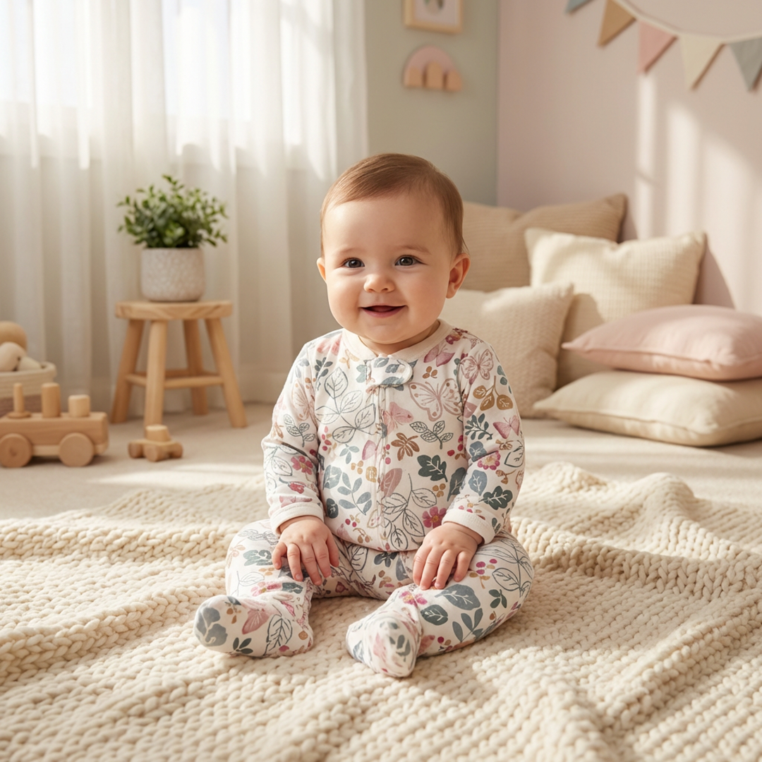 BEIGE FLORAL ZIPPER SLEEPSUIT