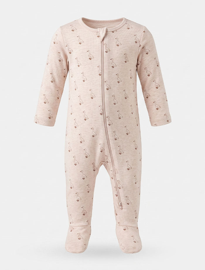 Beige duck printed 2 way zipper sleepsuit