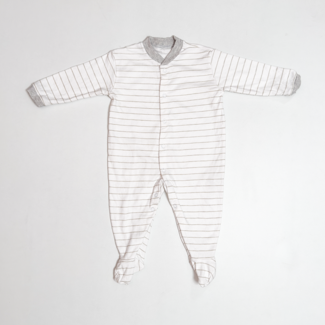 WHITE AND GREY STRIPED SLEEPSUIT