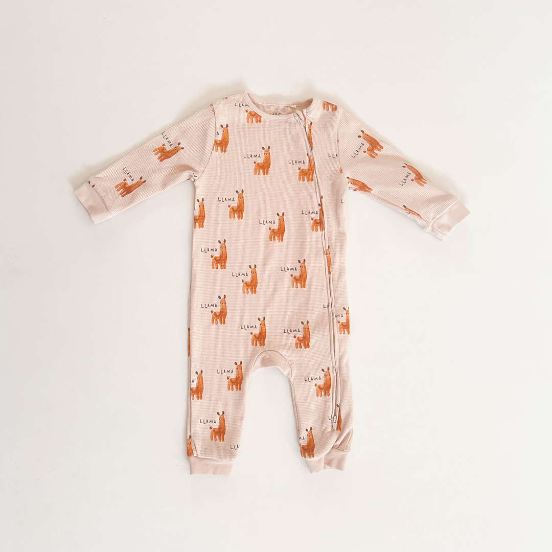 BEIGE LLAMA PRINTED KNITTED ROMPER