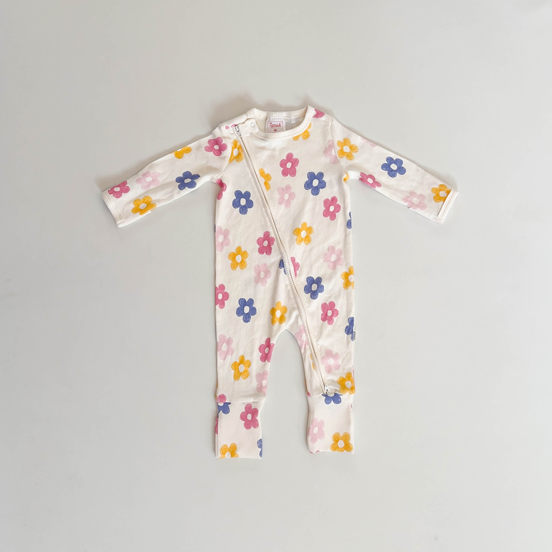 FLORAL ZIPPER RIBBED SLIM FIT ROMPER