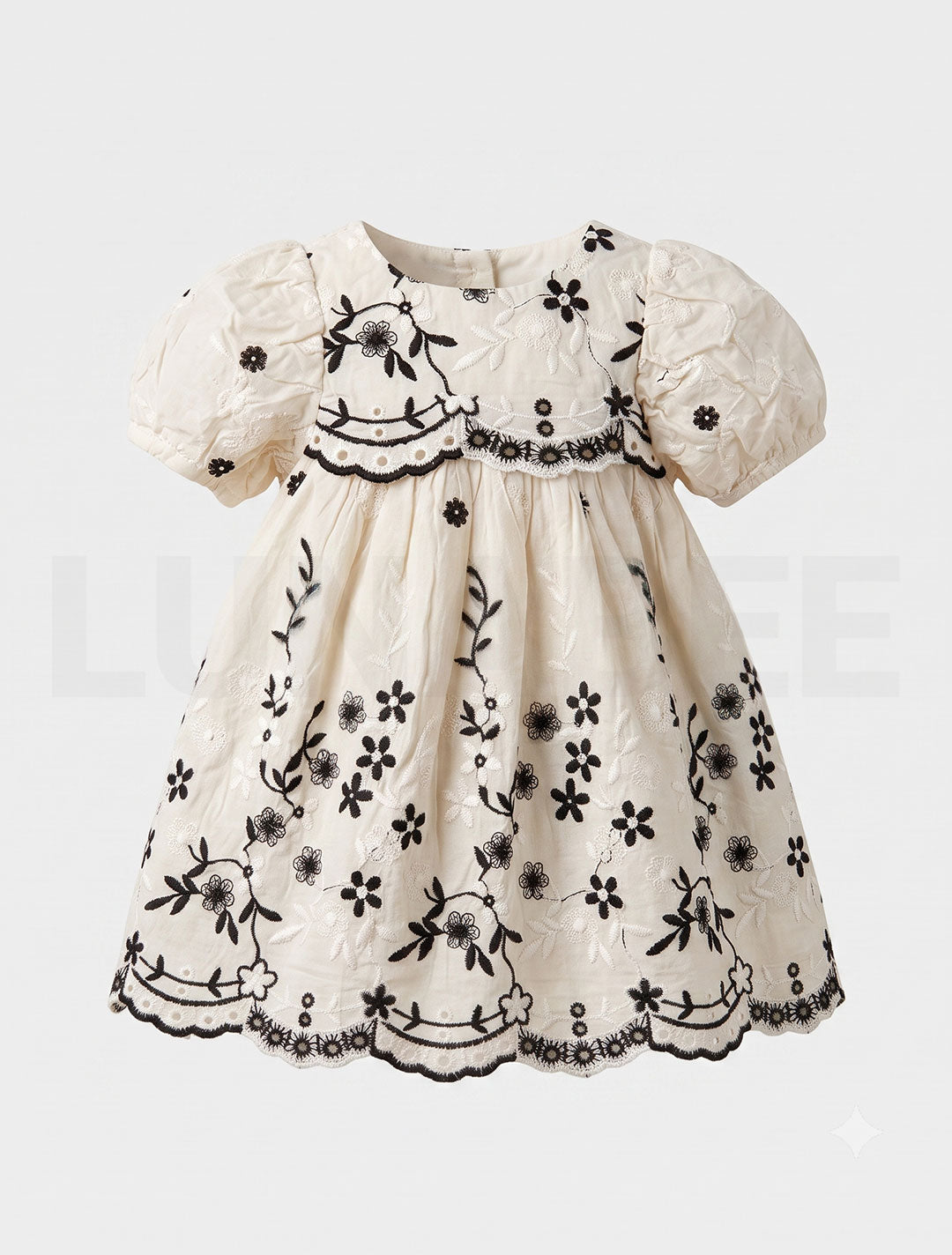 Black floral embroidered puff sleeve dress