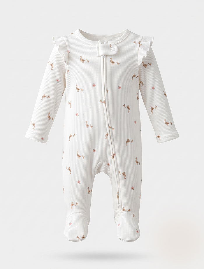 Duck floral ribbed ruffles 2 way zipper sleep suit