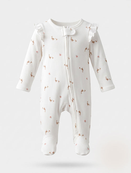 Duck floral ribbed ruffles 2 way zipper sleep suit