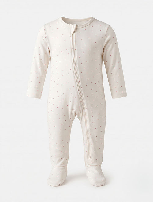 Off white pink polka dotted zipper sleep suit