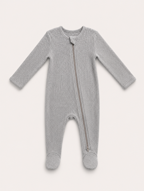 Grey ribbed plain zipper sleepsuit