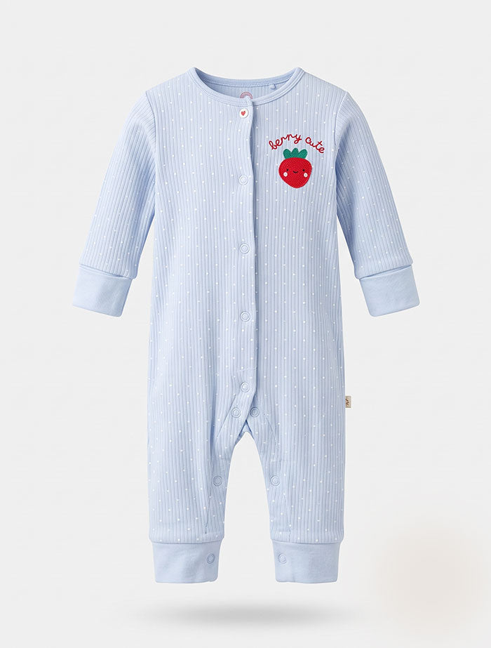 Blue strawberry ribbed button romper
