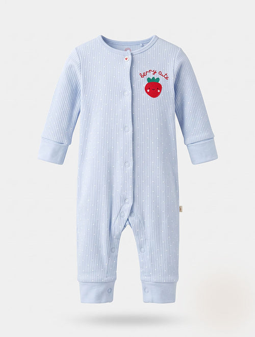 Blue strawberry ribbed button romper
