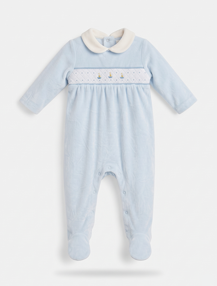 Little Sailor Smocked Velour Sleepsuit – Sky Blue