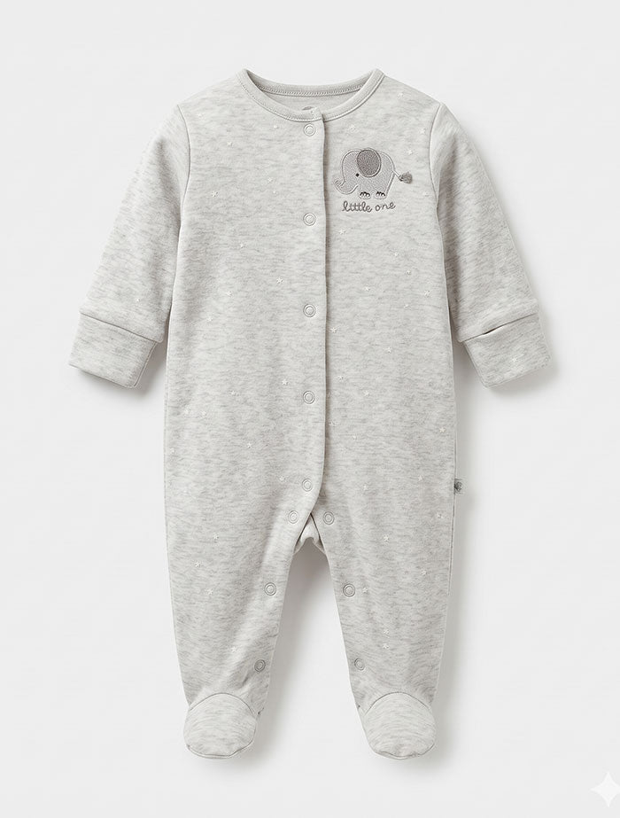 Grey little elephant button sleep suit