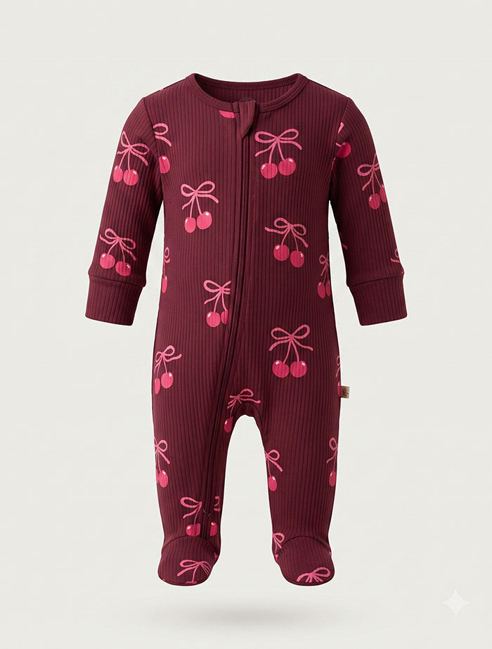 Wine red and pink cherry print unisex ribbed sleepsuit