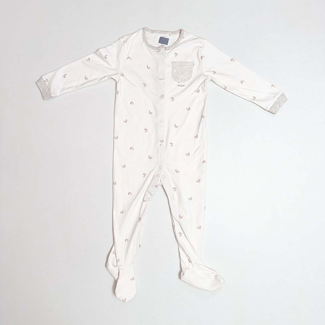 WHITE RAINBOW PRINTED BUTTON SLEEPSUIT