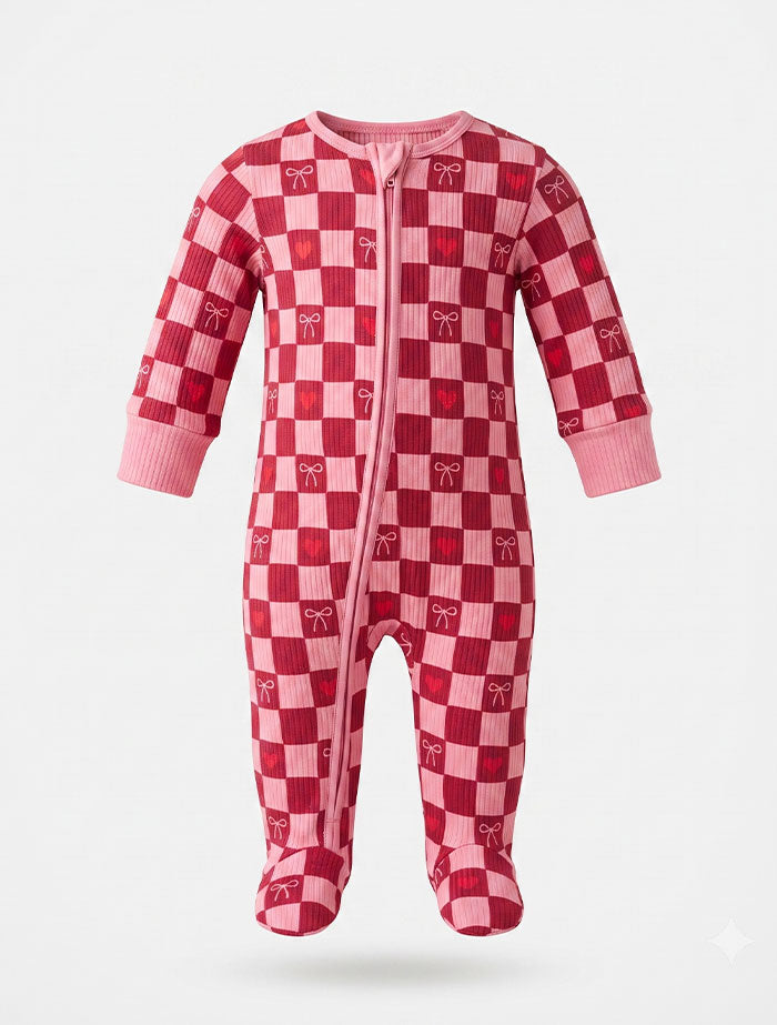 Red and pink bow ribbed zipper sleep suit