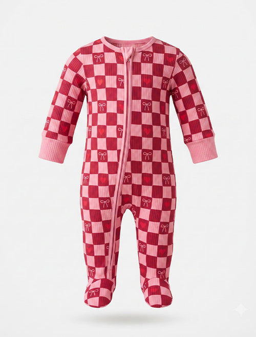 Red and pink bow ribbed zipper sleep suit