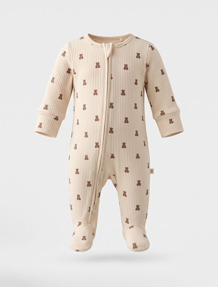 Beige ribbed brown bear ribbed sleepsuit