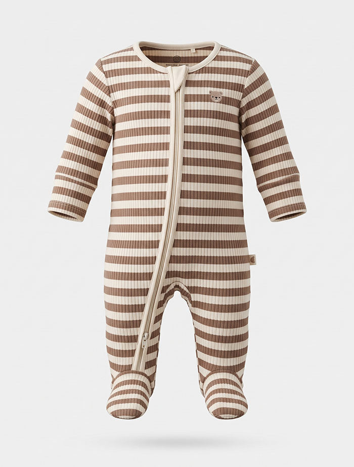Beige brown ribbed 2 way zipper sleep suit