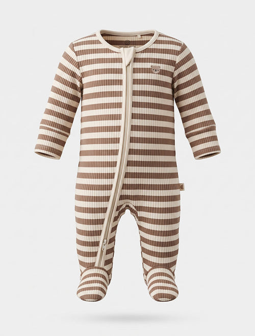 Beige brown ribbed 2 way zipper sleep suit