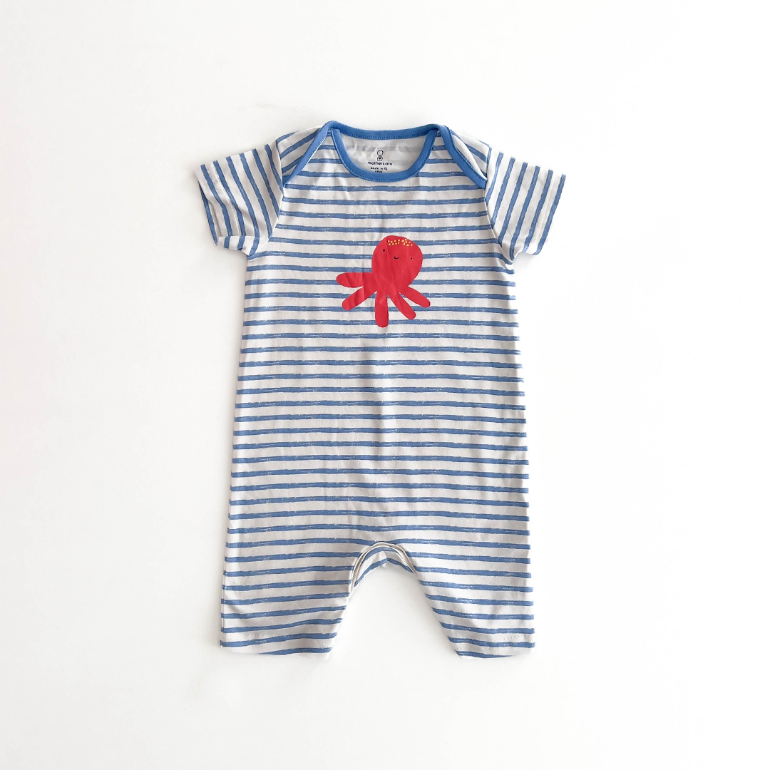 MOTHERCARE BLUE AND WHITE STRIPED JUMPSUIT
