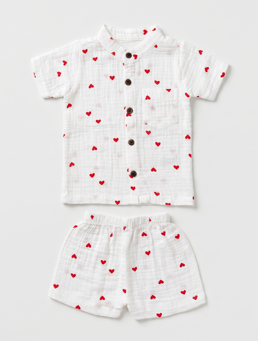 Heart-Print Muslin Shirt & Shorts Co-ord Set – White & Red