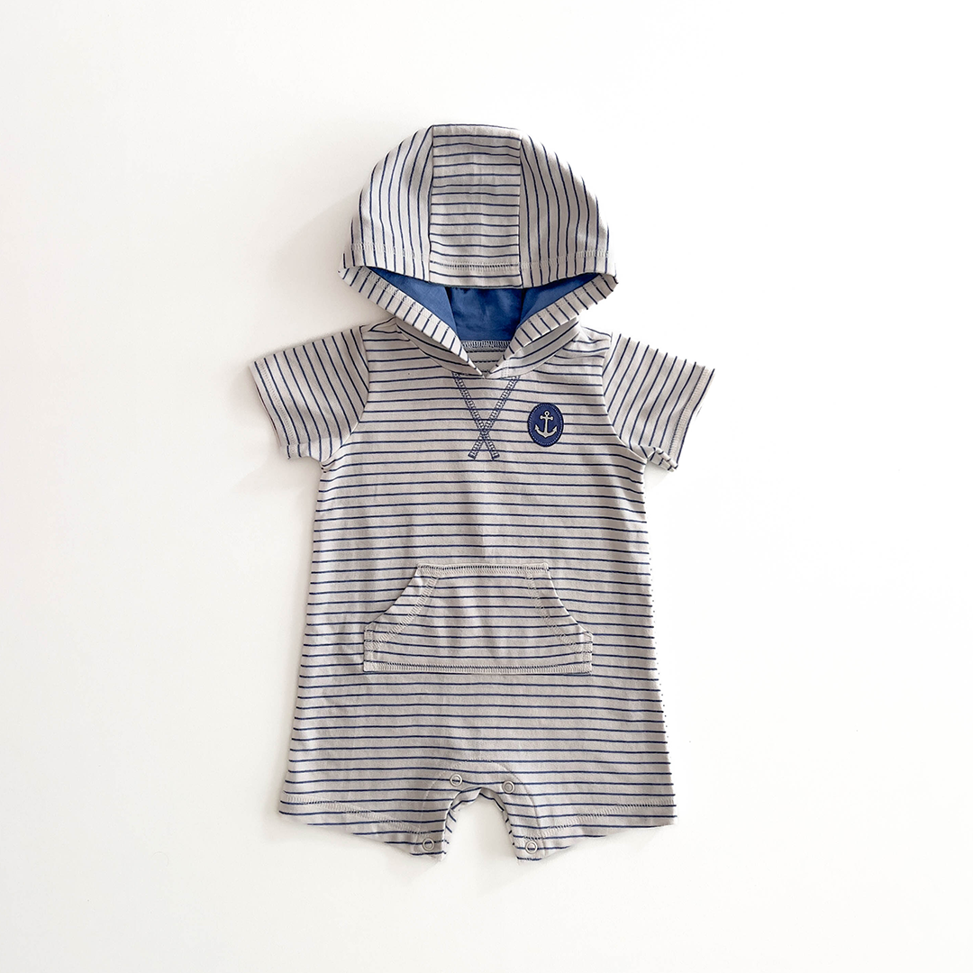 BLUE AND WHITE STRIPED HOODED JUMPSUIT