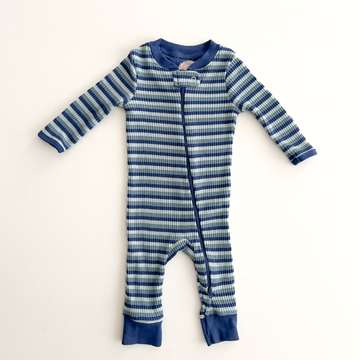 BLUE HORIZONTAL STRIPE RIBBED ROMPER