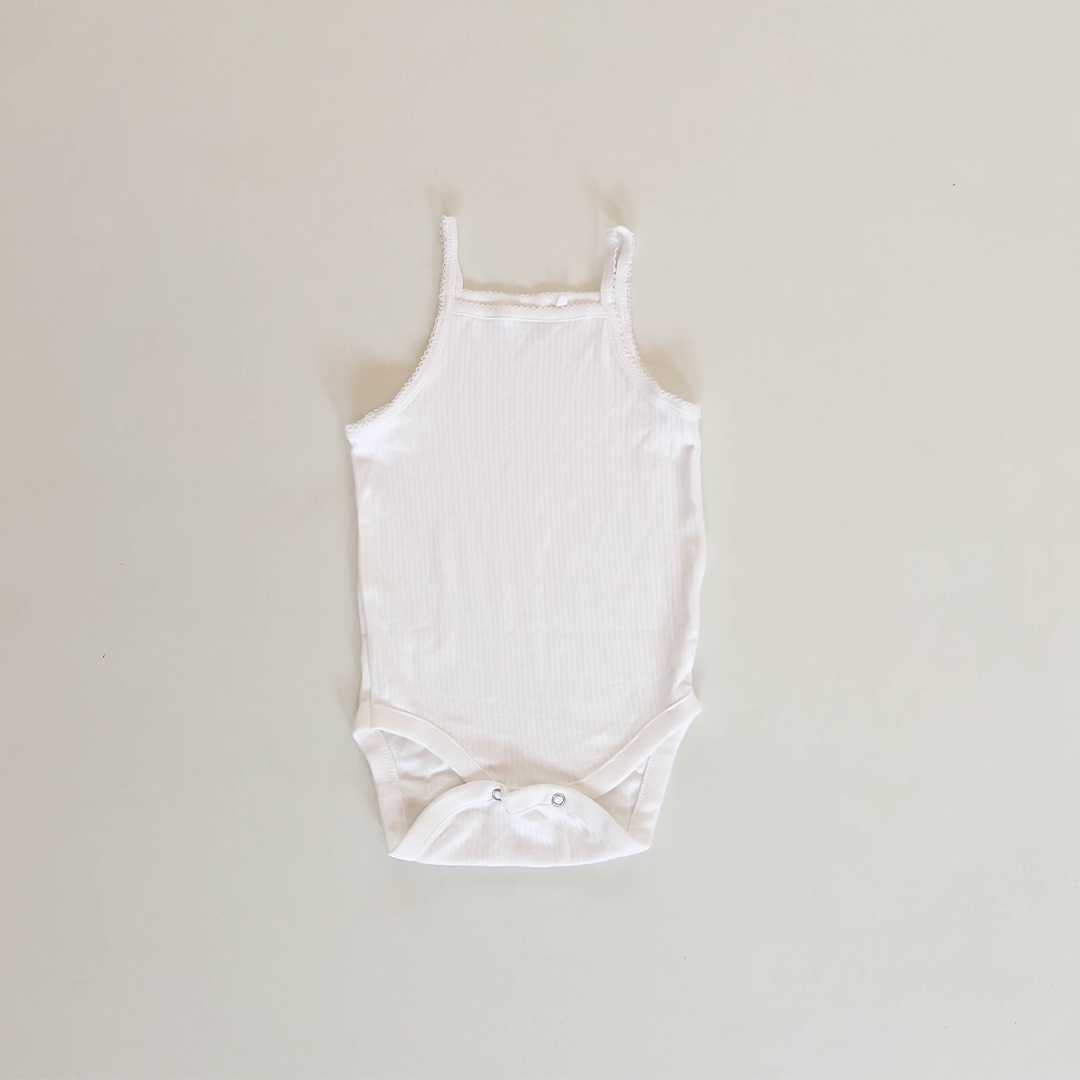 WHITE RIBBED SPAGHETTI STRAP ONESIE