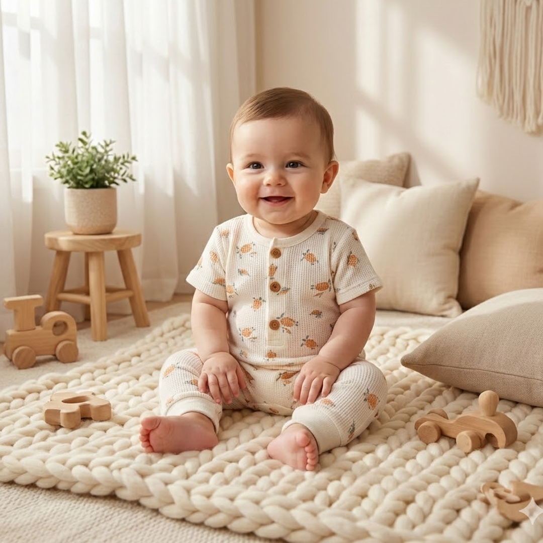 BEIGE KNITTED PRINTED ROMPER