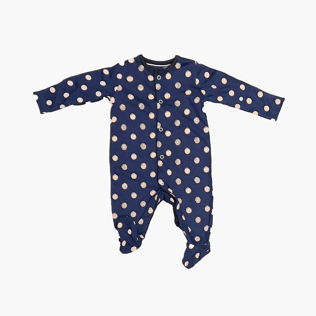 NAVY BLUE DOTTRF BUTTON SLEEPSUIT