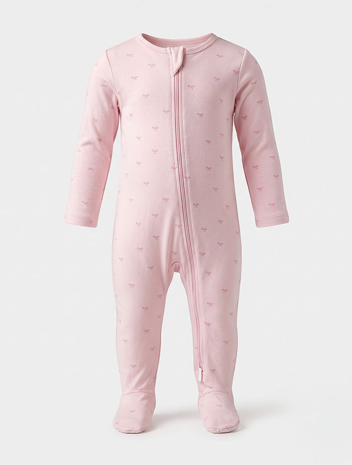 Pink ribbon printed zipper sleepsuit