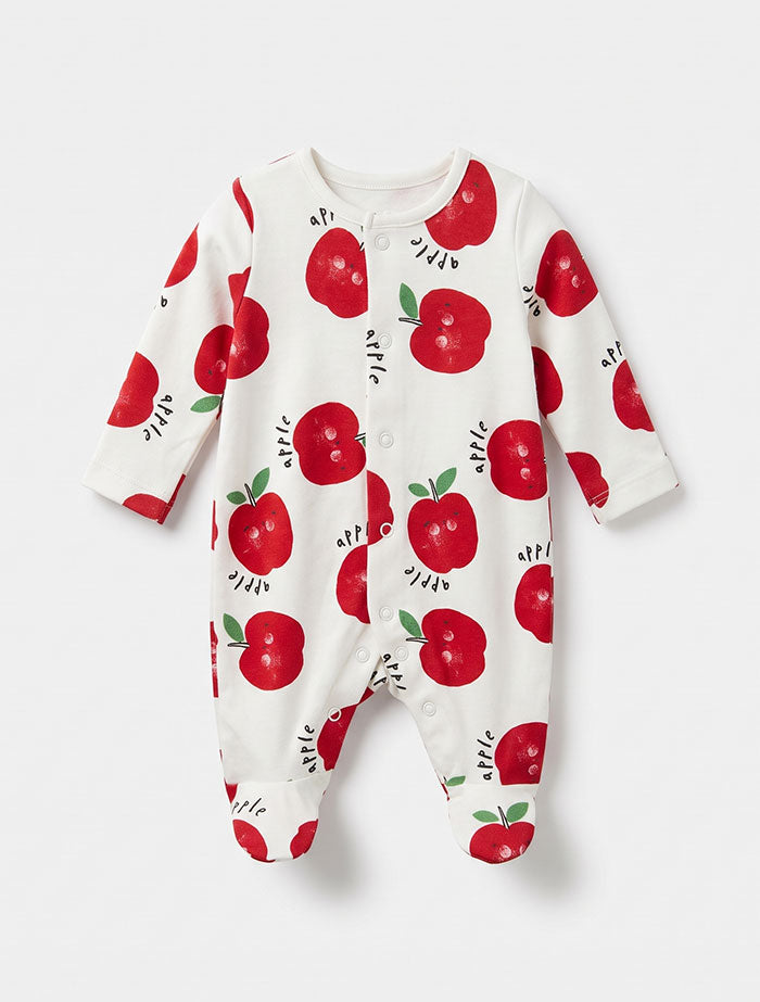 Red apple printed button sleep suit