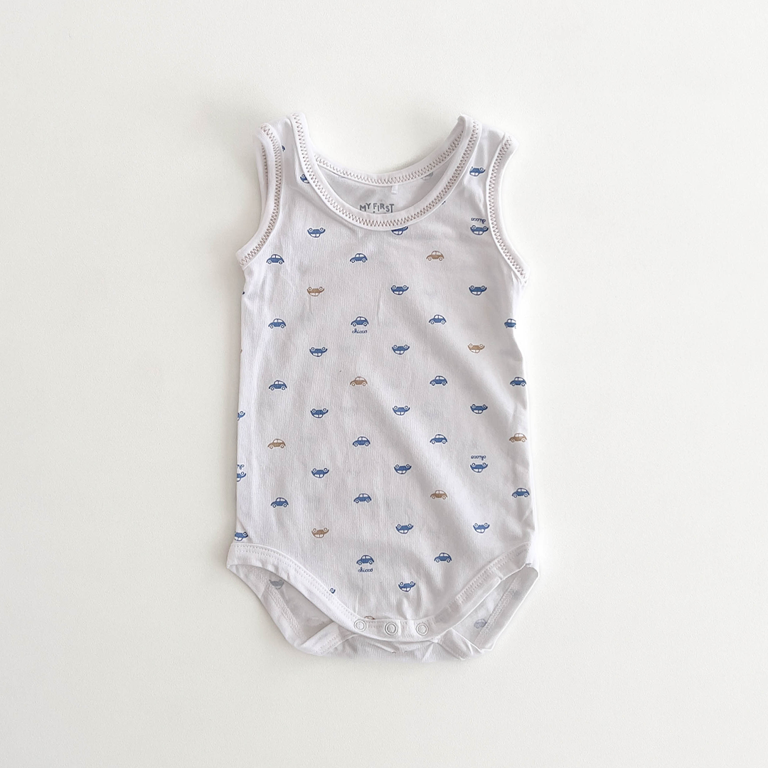 CAR PRINT WHITE SLEEVELESS ONESIE