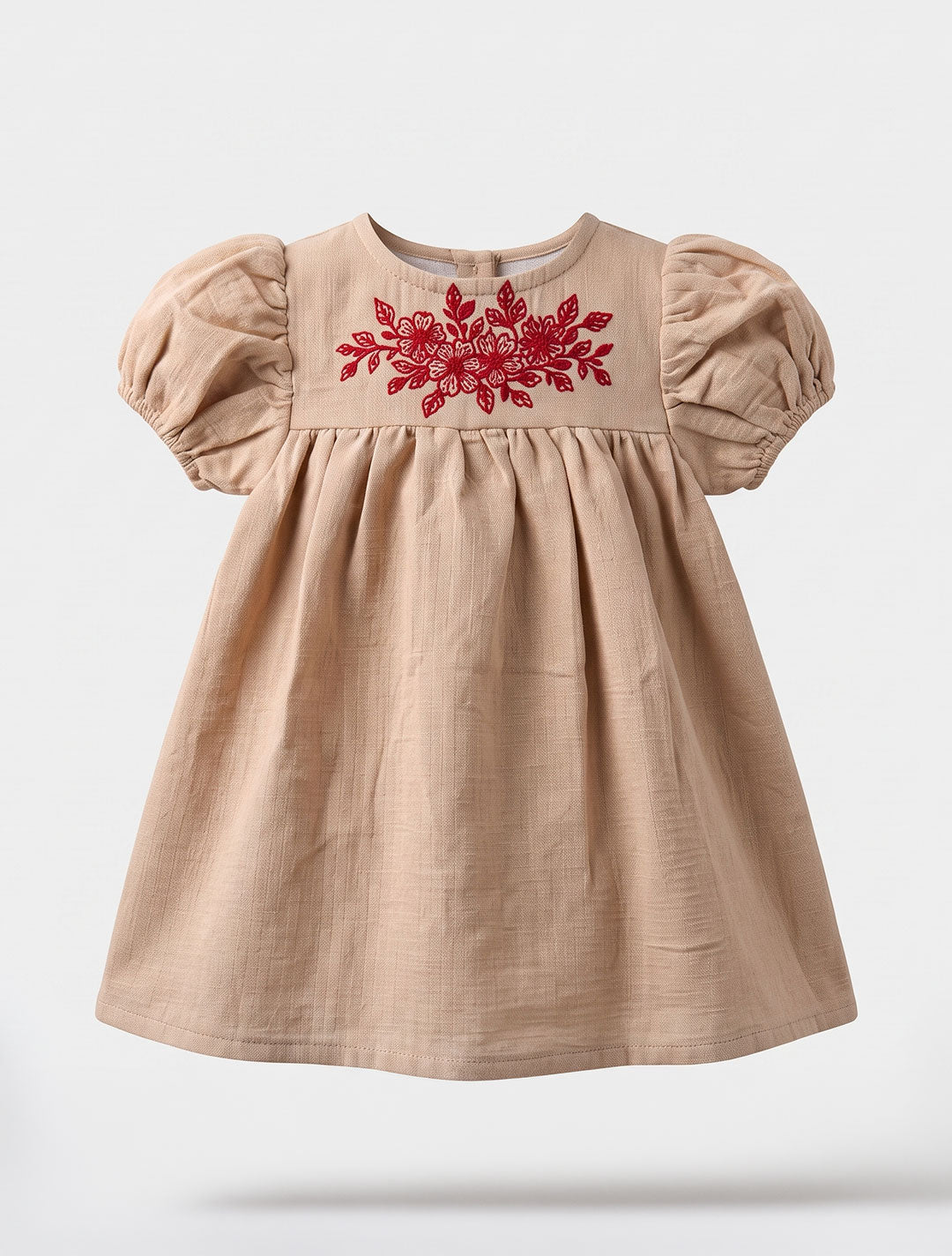 Beige puff sleeve floral embroidered frock
