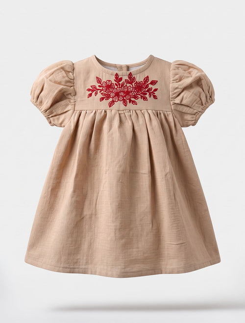 Beige puff sleeve floral embroidered frock
