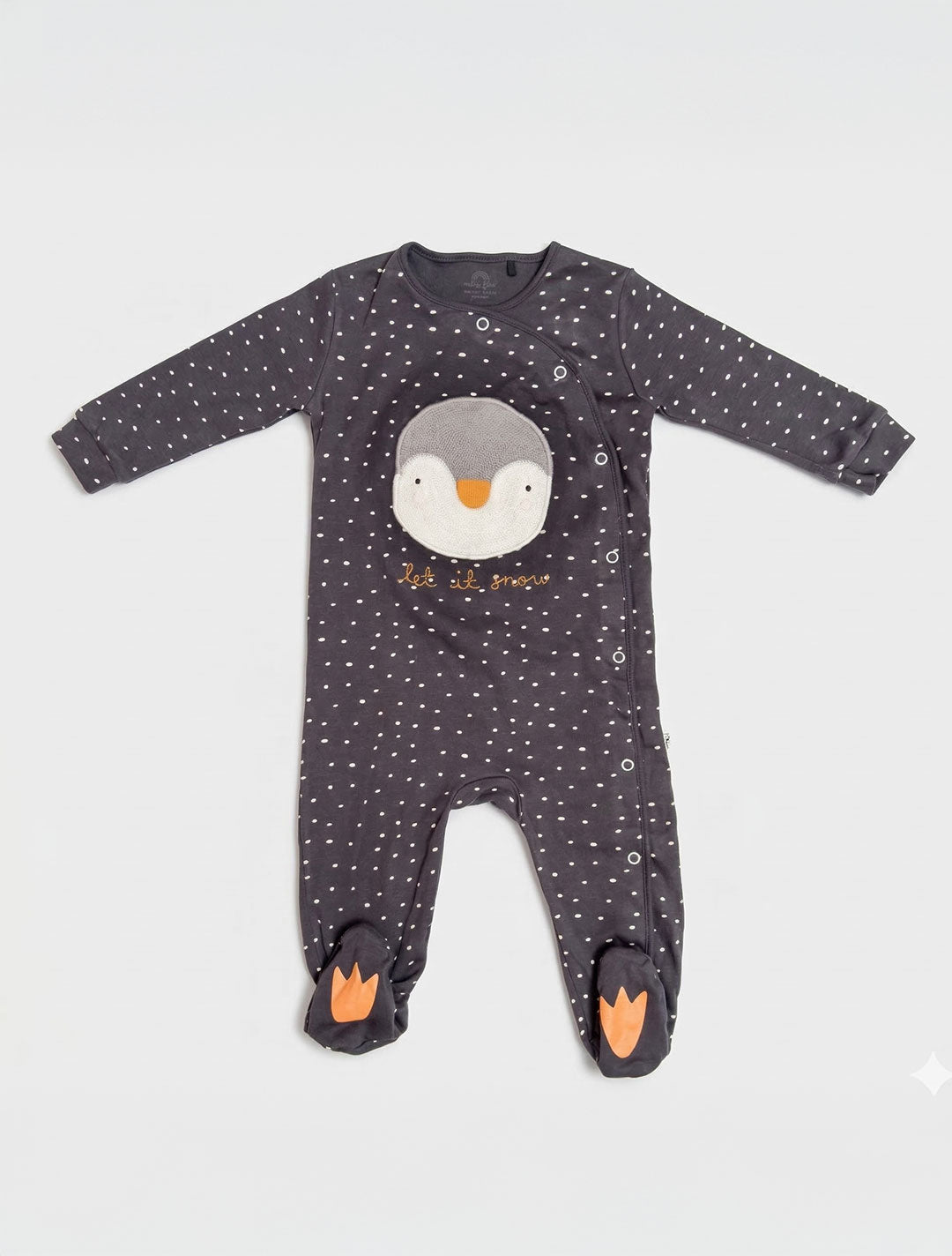 GREY PENGUIN BUTTON SLEEPSUIT