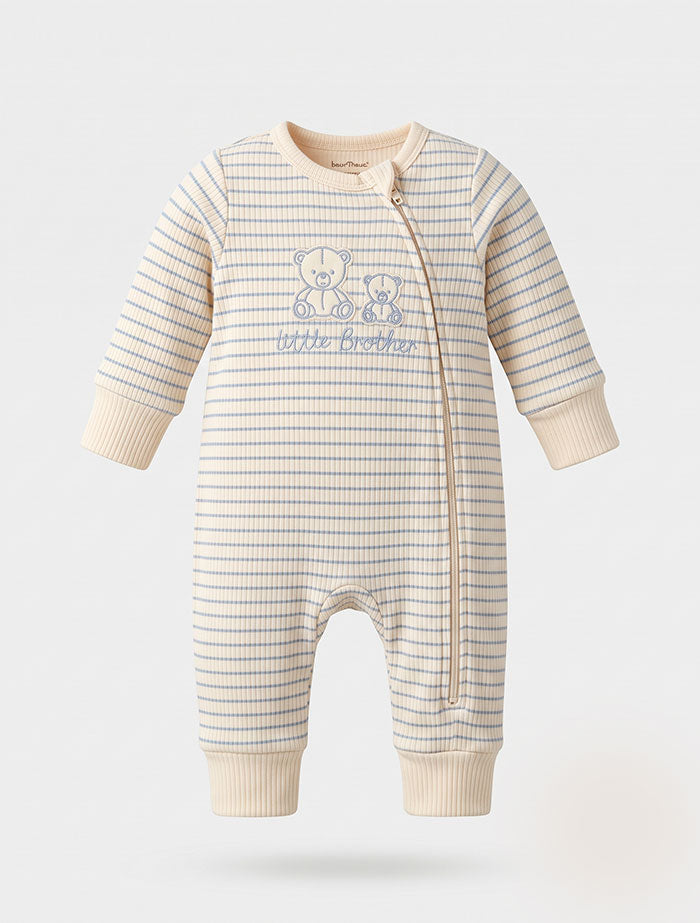 Beige blue bear ribbed 2 way zipper romper