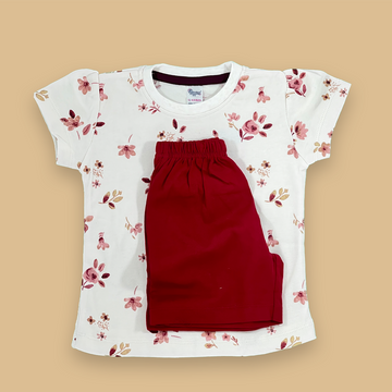 Maroon Floral Flower Printed Baby Girl Two Piece set