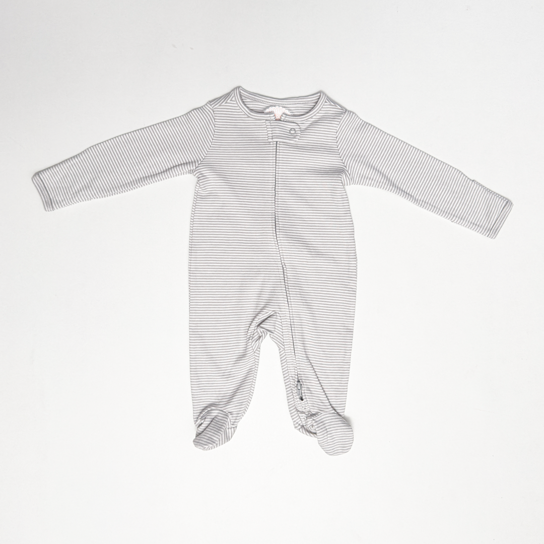 GREY AND WHITE STRIPED ZIPPER SLEEPSUIT