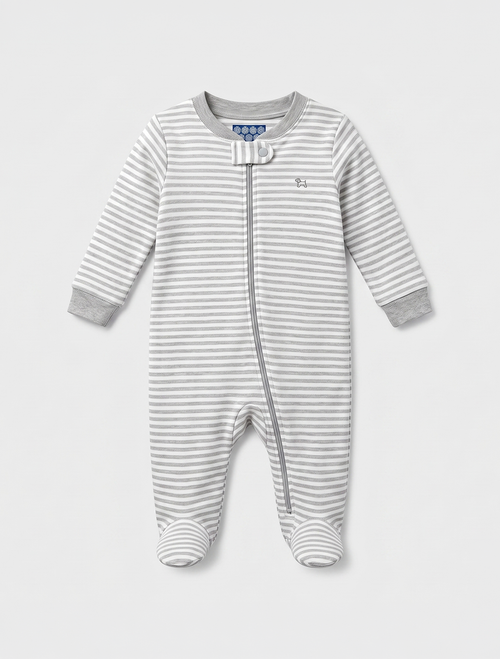 Grey and white striped zipper sleepsuit