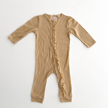 Tan colored ribbed ruffled romper