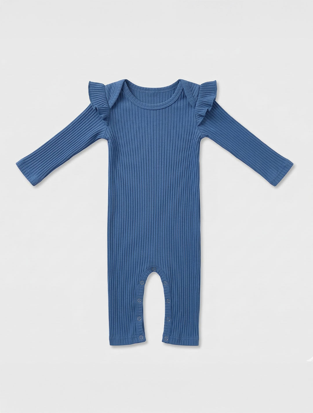 BLUE RIBBED RUFFLE ROMPER
