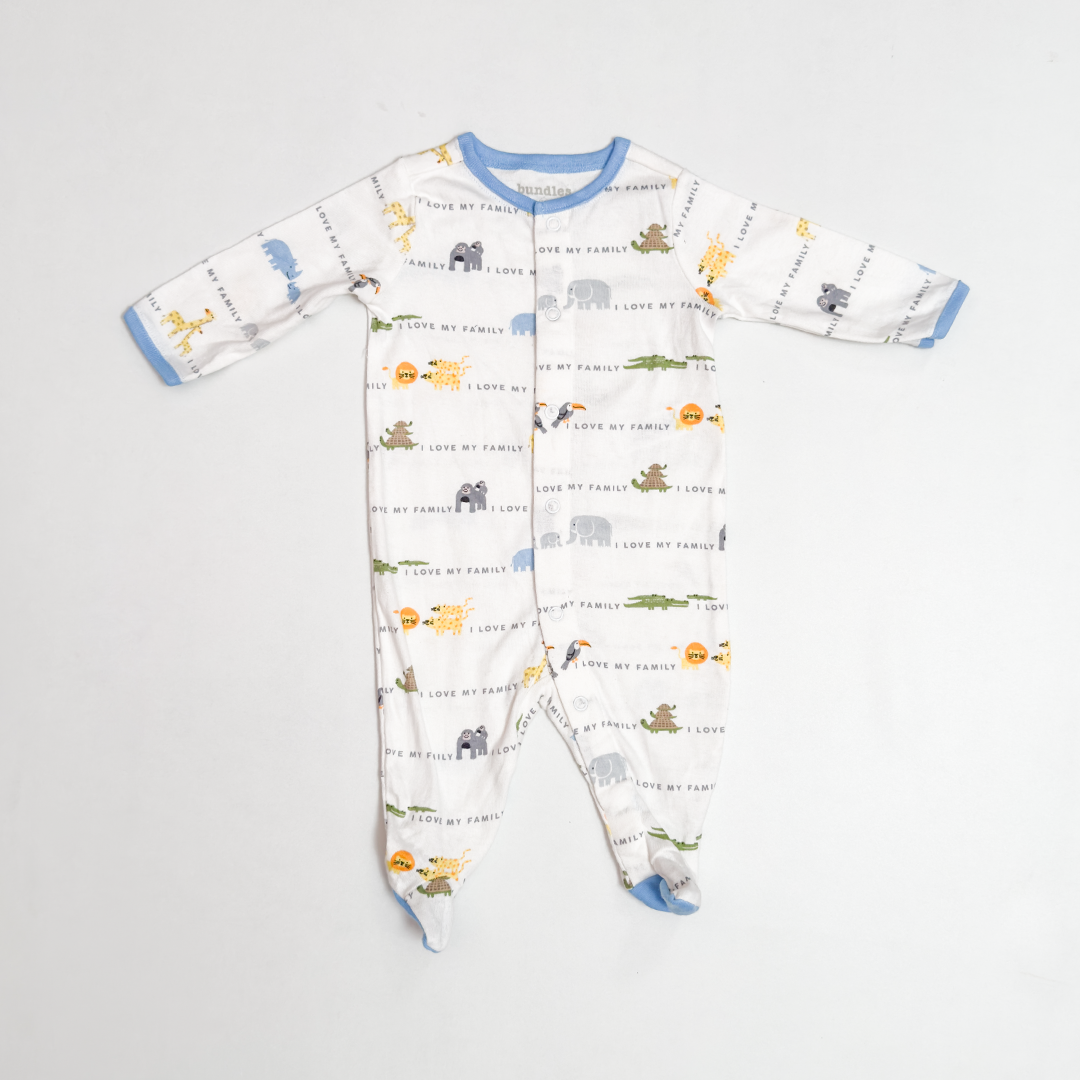WHITE PRINTED BUTTON SLEEPSUIT
