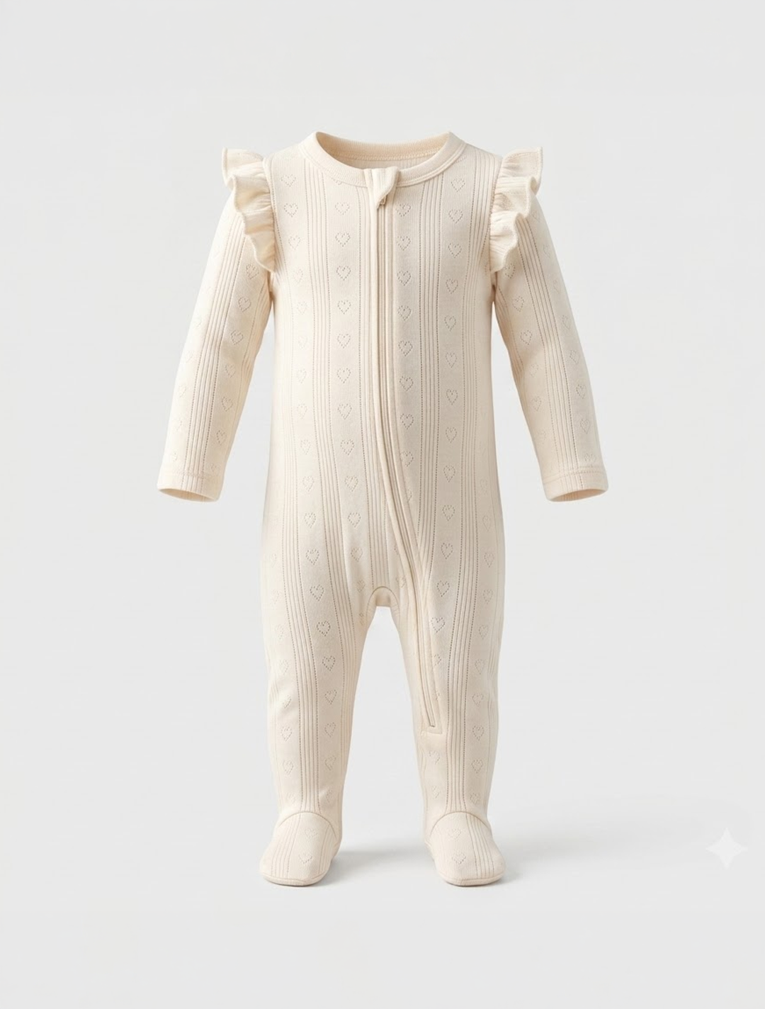 Beige pointelle ruffles sleepsuit