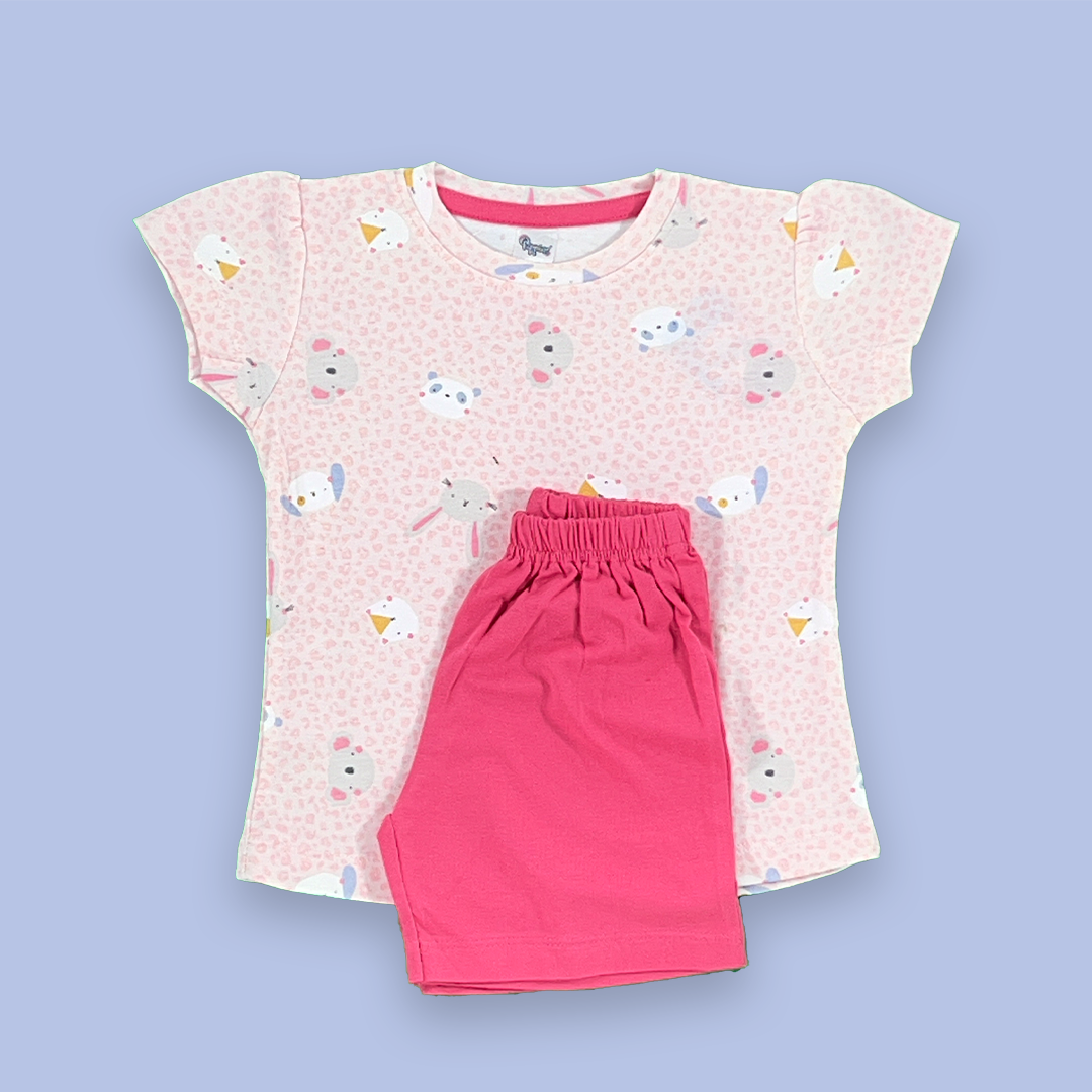 Cute Puppy Face Printed Light Pink Color Two Piece for Girls | 18-24 Months |