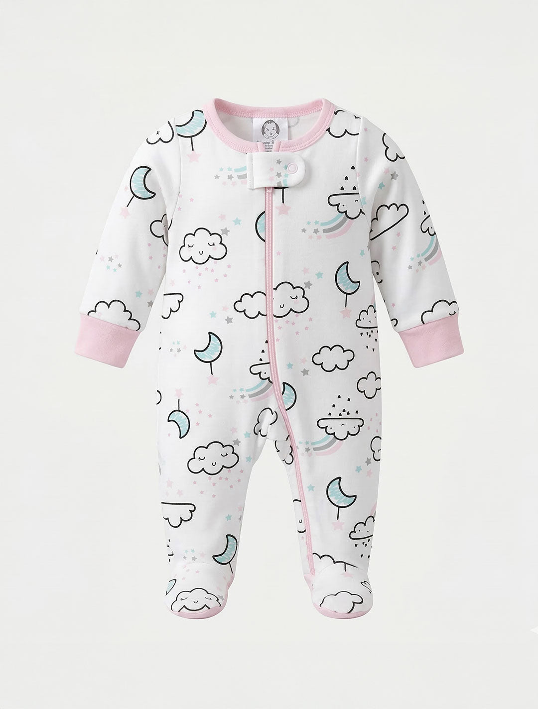 WHITE PRINTED ZIPPER SLEEPSUIT